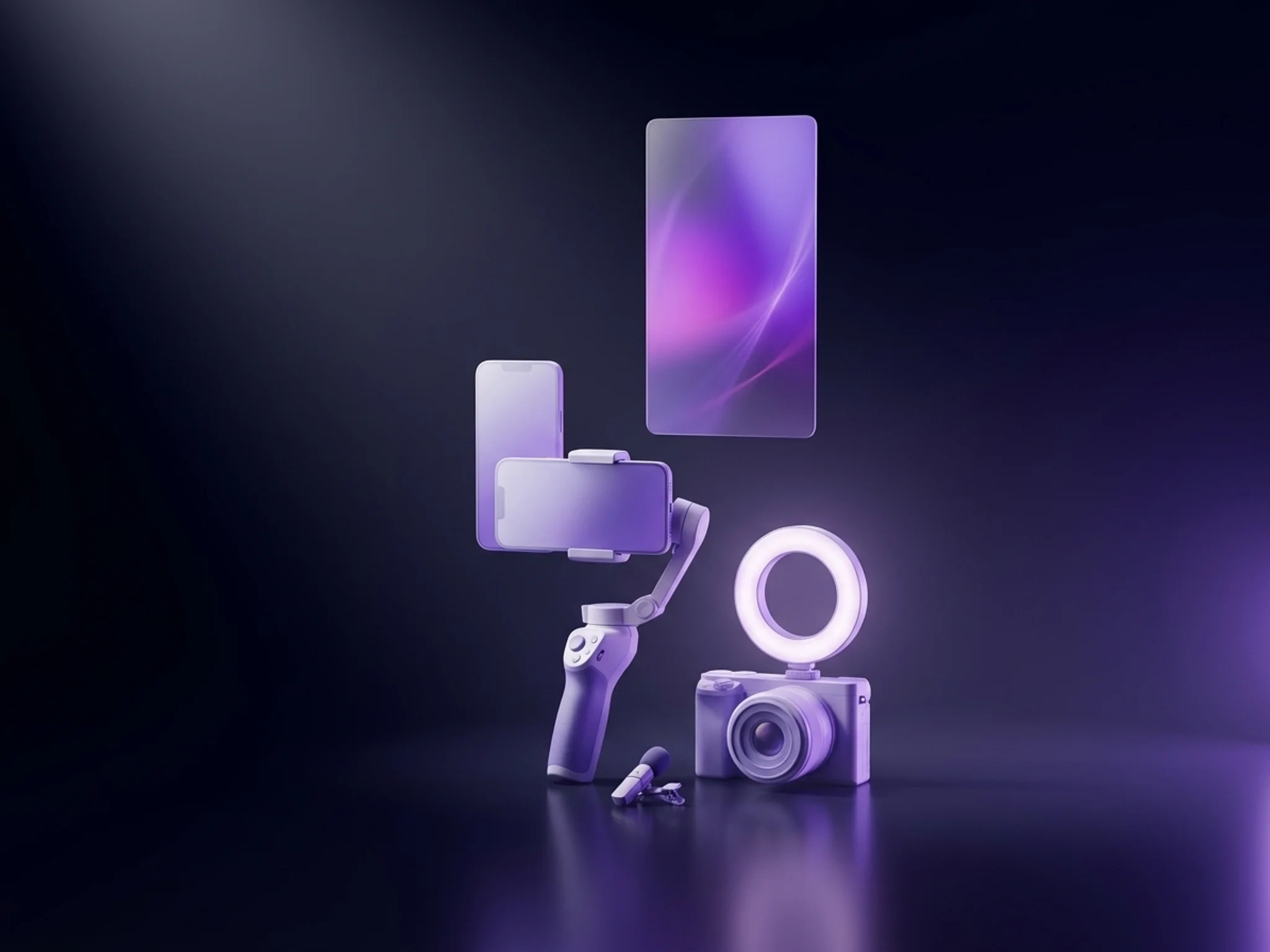 A phone on a gimbal beside a small camera and ring light, with a vertical video frame floating above.