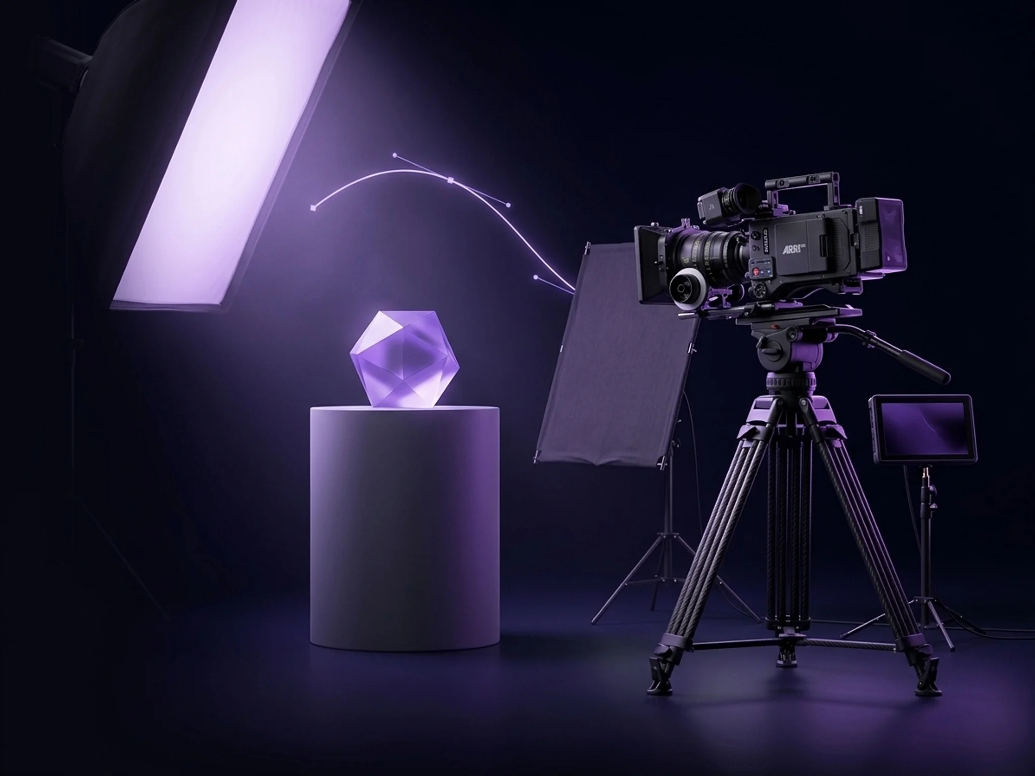 A cinema camera and studio lighting set up around a product on a pedestal.