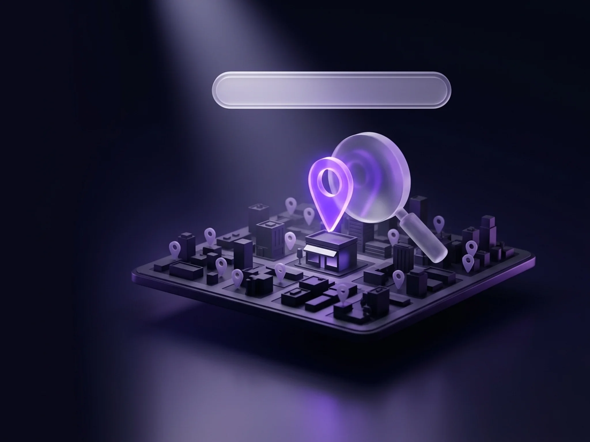 A glowing location pin standing out among many dim pins on a city map, with a magnifying glass beside it.