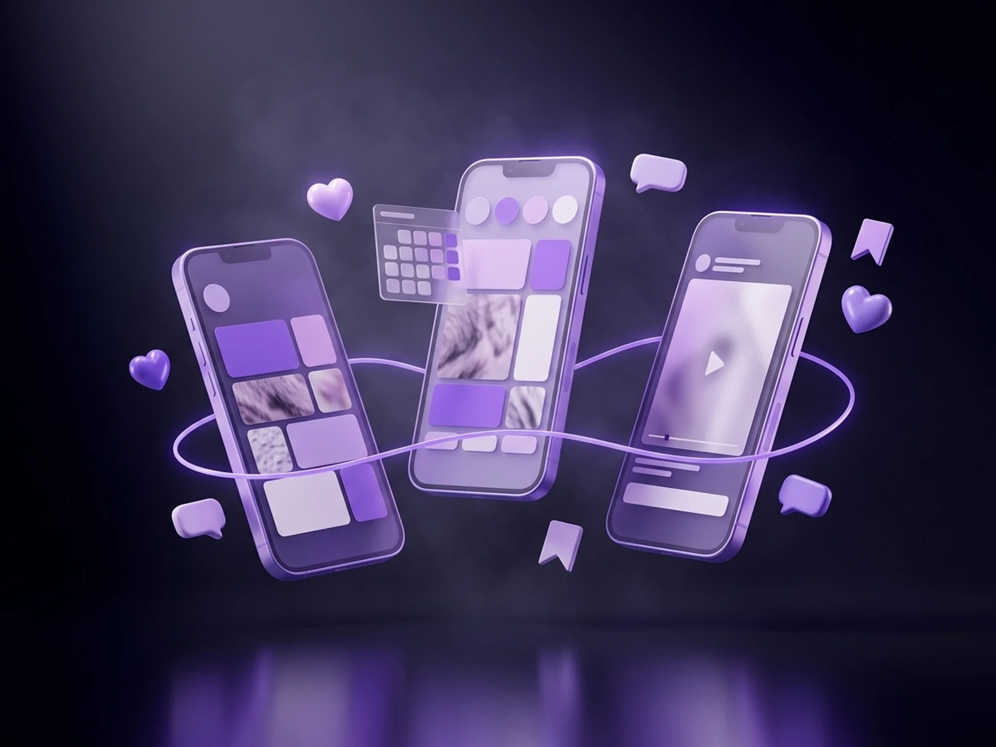 Floating phone screens with abstract social media posts, reactions and a content calendar linked by glowing light trails.