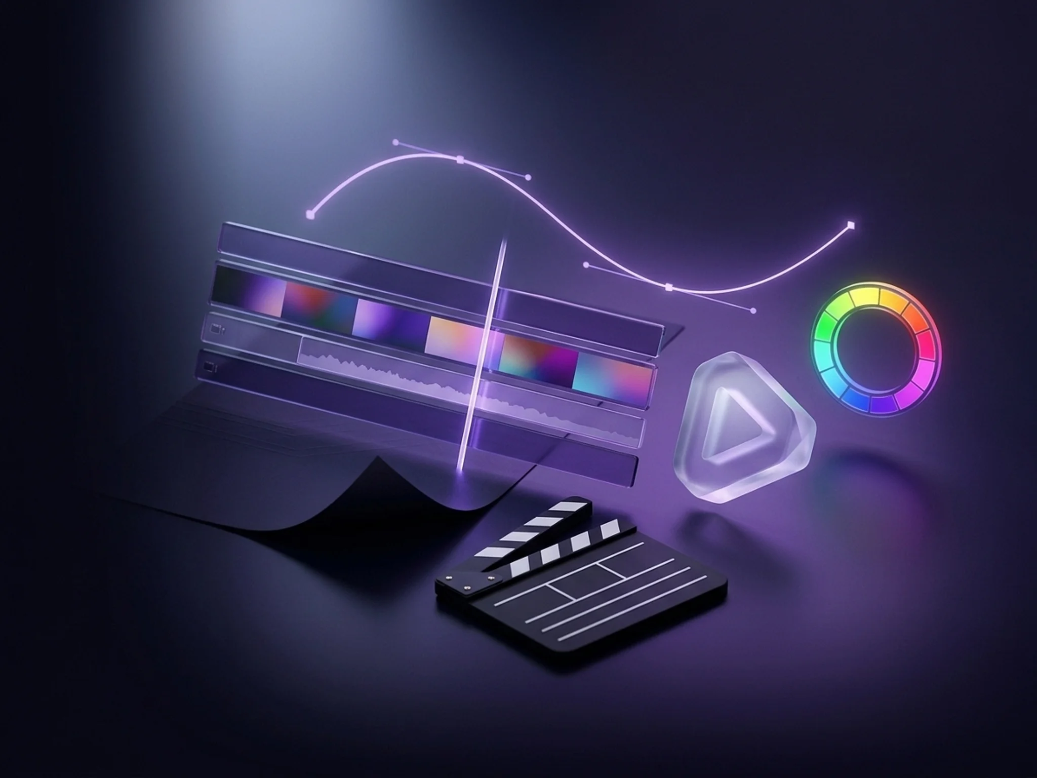 A glowing video editing timeline with clips, a playhead and a colour-grading wheel.