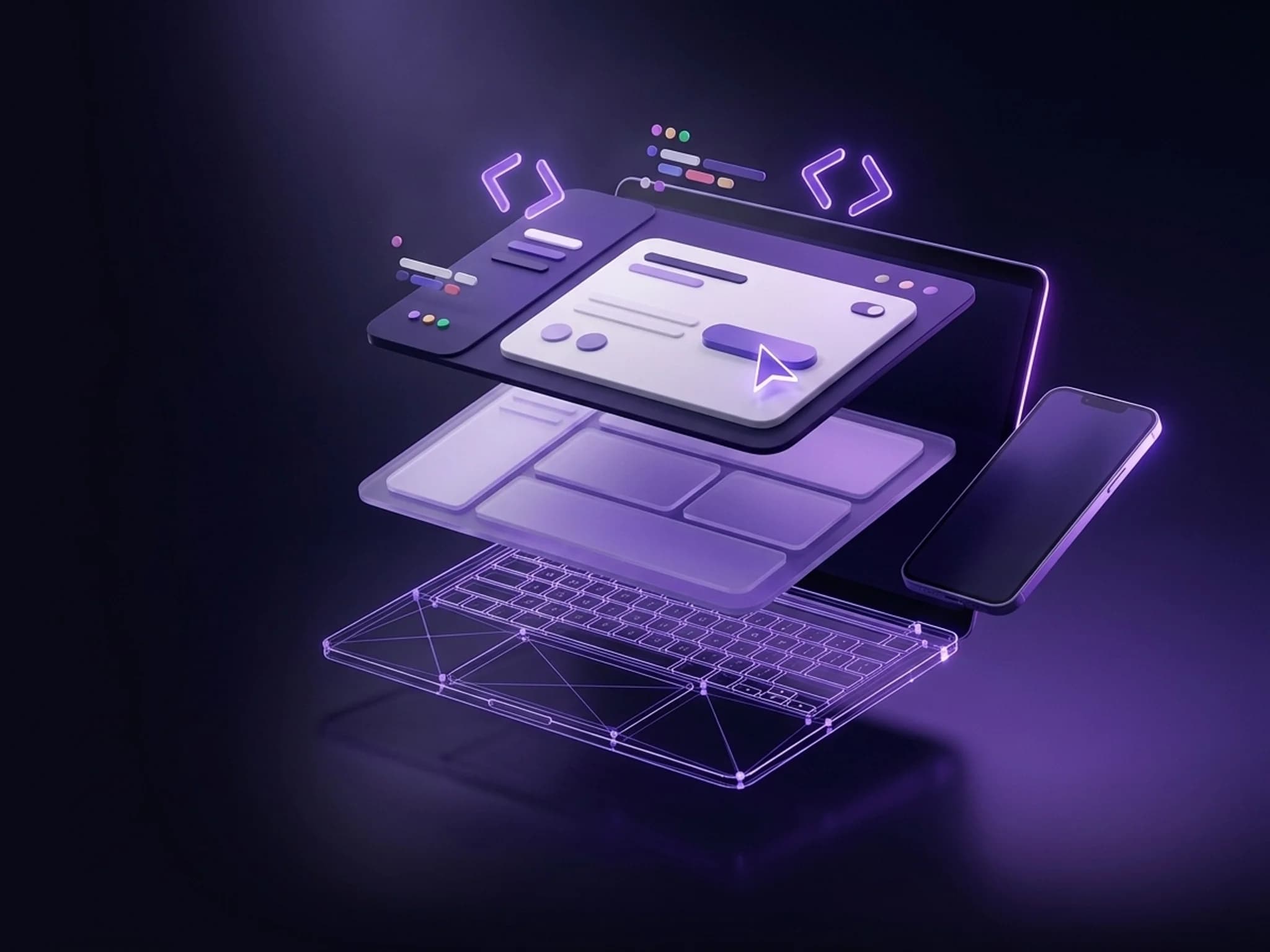 A laptop and phone shown in layers, from wireframe to finished page, with a cursor about to click a button.